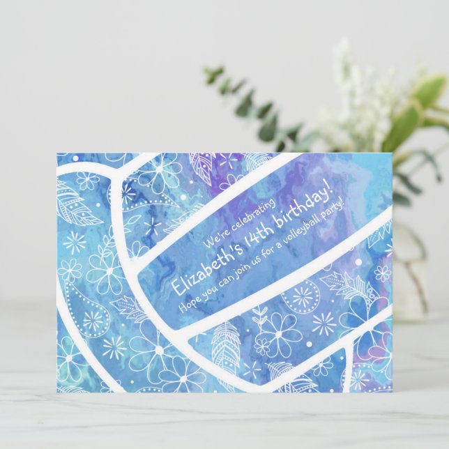 Invitation Fleurs plumes paislies motif bleu volleyball (Debout devant)