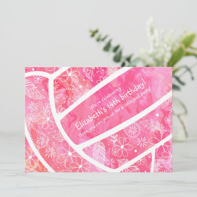 Invitation Fleurs plumes paislies volleyball rose (Debout devant)