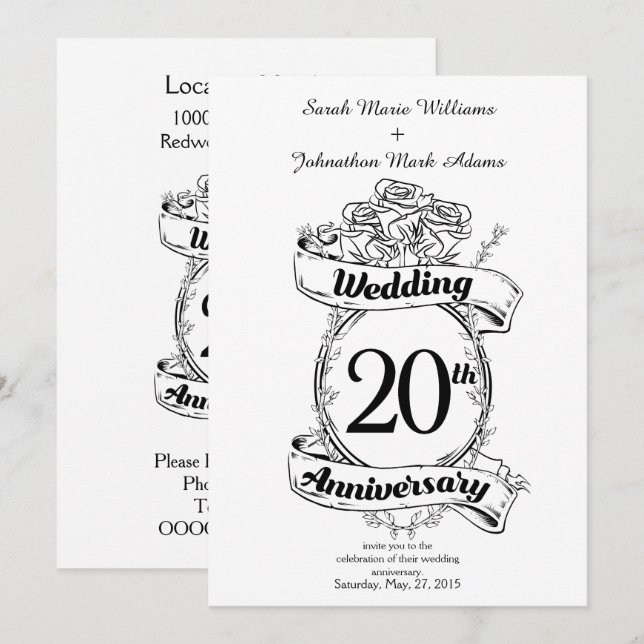 Invitation Fleurs pour les 20 ans de mariage (Devant / Derrière)