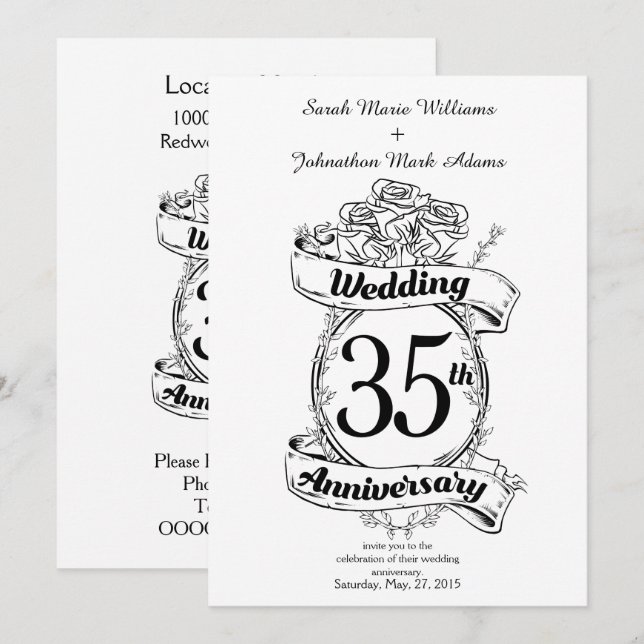 Invitation Fleurs pour les 35 ans de mariage noir et blanc (Devant / Derrière)
