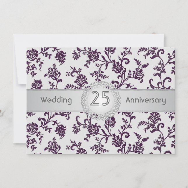 Invitation Fleurs pourpres Damas, 25e anniversaire de Mariage (Devant)