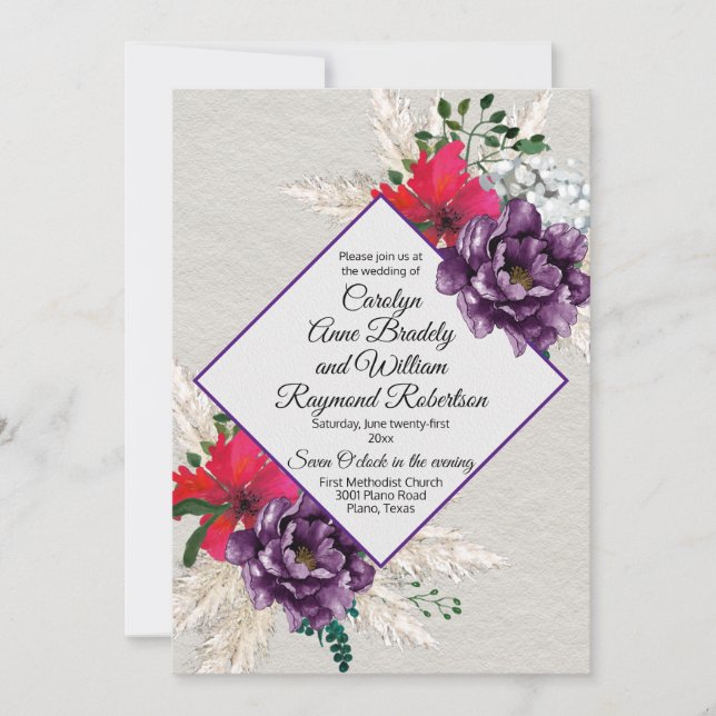 Invitation Fleurs pourpres et rouges avec le mariage d'herbe (Devant)