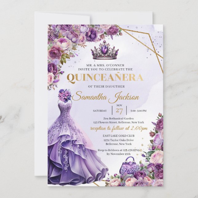 Invitation Fleurs pourpres printanières Princesse Robe Quince (Devant)