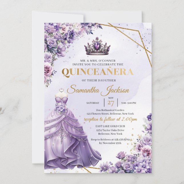 Invitation Fleurs pourpres printemps Princesse Robe Quinceañe (Devant)
