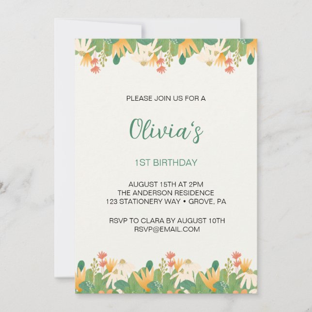 Invitation Fleurs premier anniversaire (Devant)