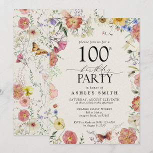 Invitation Fleurs Pressées 100e fête d'anniversaire Elégant r