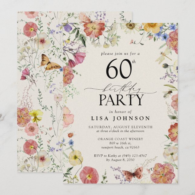 Invitation Fleurs Pressées 60e fête d'anniversaire Elégant ro (Devant / Derrière)