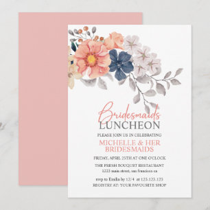 Invitation Fleurs printanières Coral Navy Bridesmaids Luncheo