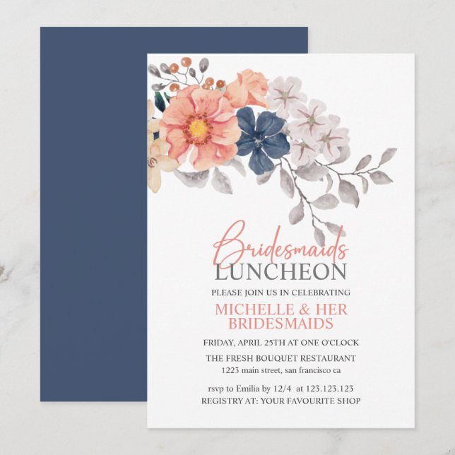 Invitation Fleurs printanières Coral Navy Bridesmaids Luncheo (Devant / Derrière)