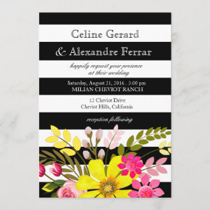 Invitation Fleurs rayées noires et blanches Jaune Mariage