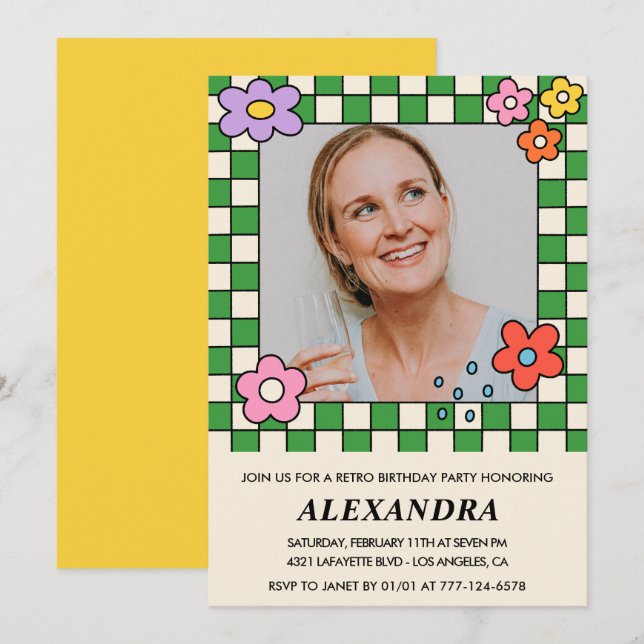 Invitation Fleurs Retro Photo Super 54e anniversaire (Devant / Derrière)