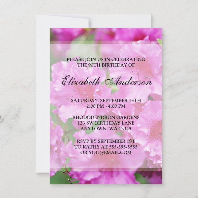 Invitation Fleurs Rhododendron rose 90e anniversaire (Devant)