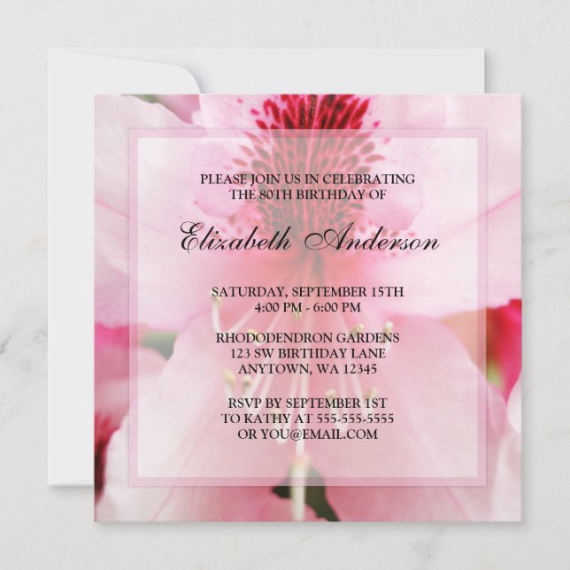 Invitation Fleurs Rhododendron rose pâle 80e anniversaire (Devant)