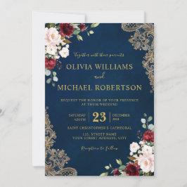 Invitation Fleurs romantiques aquarelle bordeaux rouge marine
