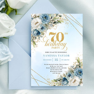 Invitation Fleurs romantiques bleues poussiéreuses cadre doré