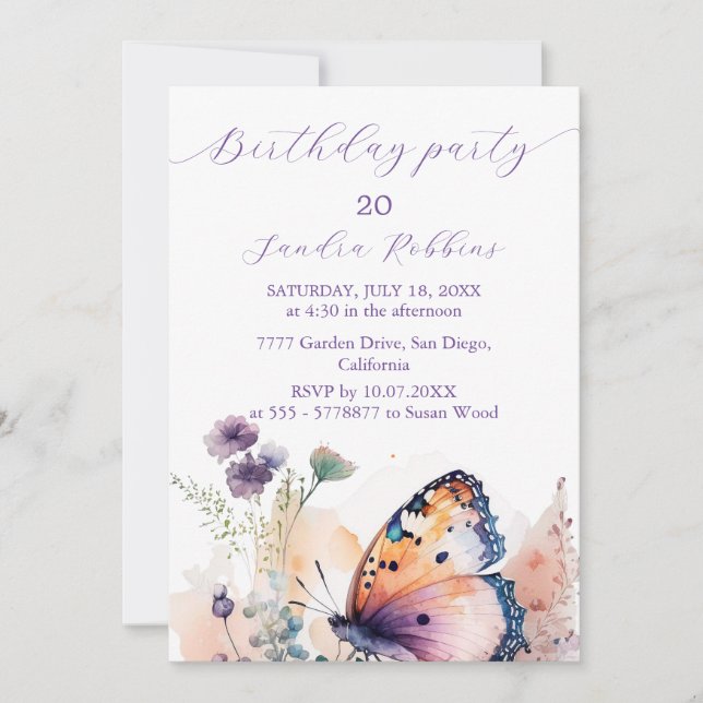 Invitation Fleurs romantiques et papillon Anniversaire Invita (Devant)