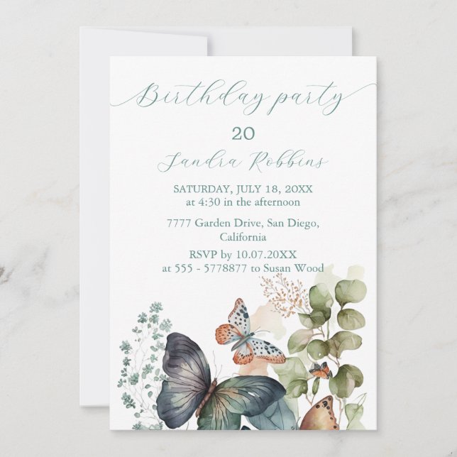 Invitation Fleurs romantiques et papillon Anniversaire Invita (Devant)