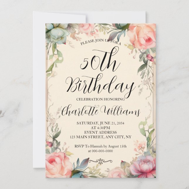 Invitation Fleurs romantiques Femme 50e anniversaire (Devant)