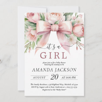 Invitation Fleurs romantiques rose pâle C'est une fille