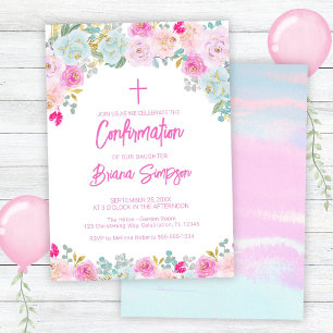 Invitation Fleurs Rose Bleu Pêche Violet Floral Confirmation