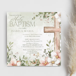Invitation Fleurs rose blush aquarelle croix en bois baptême