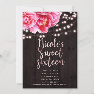 Invitation Fleurs Rose Brun Rustique Bois & Lumières Douce 16