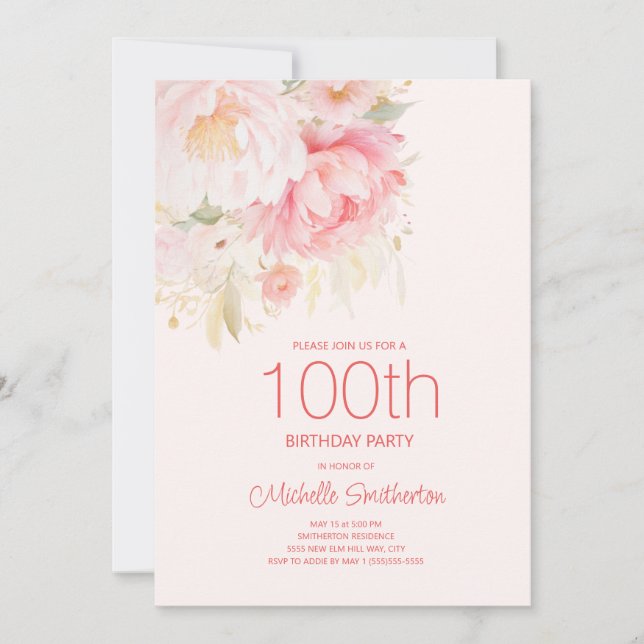 Invitation Fleurs Rose Clair 100e Anniversaire (Devant)