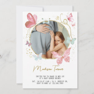Invitation Fleurs Rose Doré Papillon Baby Shower Photo