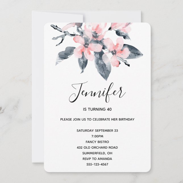 Invitation Fleurs rose et gris Aquarelle classique Anniversai (Devant)