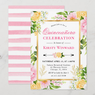Invitation Fleurs rose et jaune aquarelle pour Quinceanera