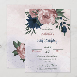 Invitation fleurs rose et marine anniversaire botanique