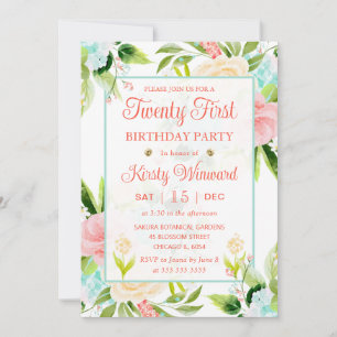 Invitation Fleurs rose et menthe à l'aquarelle 21e anniversai