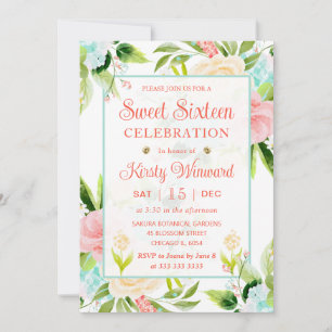 Invitation Fleurs rose et menthe à l'aquarelle Sweet Sixteen