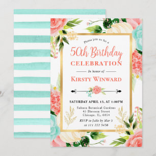 Invitation Fleurs rose et menthe aquarelle 50e anniversaire