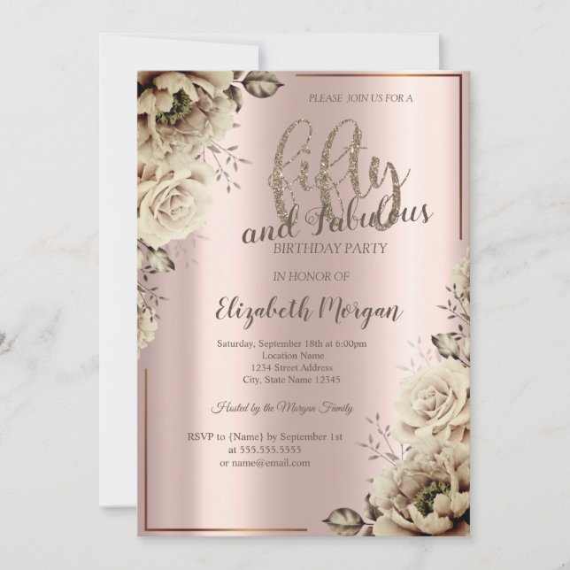 Invitation Fleurs Rose Gold 50e fête d'anniversaire (Devant)