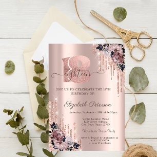 Invitation Fleurs Rose Gold Glitter Drips 18ème Anniversaire