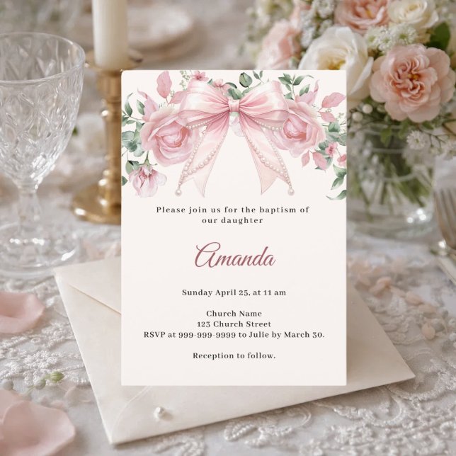 Invitation Fleurs Rose Ivoire Fille Élégante Baptême (Créateur téléchargé)