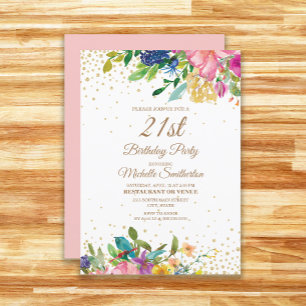 Invitation Fleurs rose jaune bleu Paillettes dorées 21e anniv