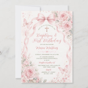 Invitation Fleurs rose pâle Baptême & 1er anniversaire Papill