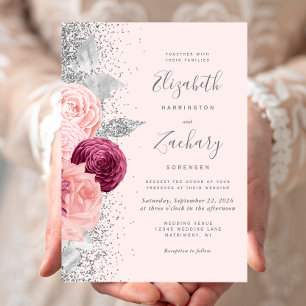 Invitation Fleurs Rose Pâle Burgundy Mariage Paillettes Argen