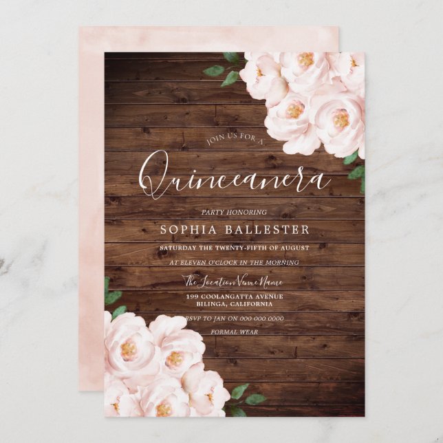 Invitation Fleurs rose pâle rustique Quinceanera (Devant / Derrière)