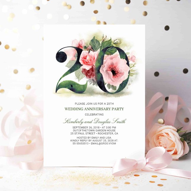 Invitation Fleurs rose pastel pour 20e anniversaire de mariag (20th Wedding Anniversary Invitations)