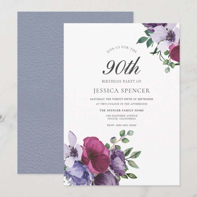 Invitation Fleurs rose pourpre Aquarelle 90e fête d'anniversa (Devant / Derrière)