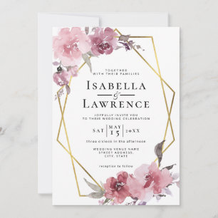 Invitation Fleurs Rose Poussiéreuse Fleurs Roses Feuille Or M