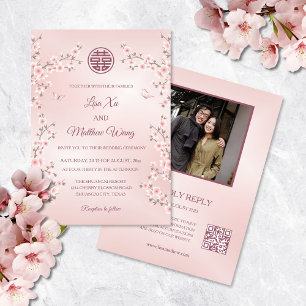 Invitation Fleurs Rose Poussiéreux Code QR Photo Mariage Ch