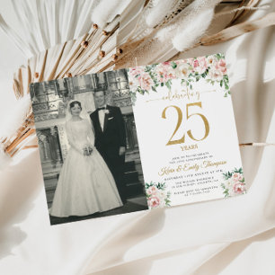 Invitation Fleurs Rose Rougeoyant 25e Anniversaire