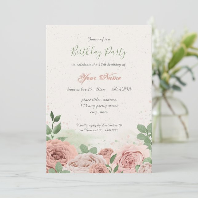 Invitation fleurs rose rousse vert feuilles anniversaire (Debout devant)