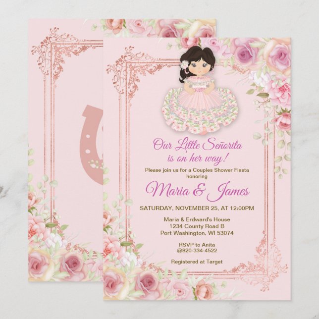 Invitation Fleurs rose vif Douche mexicaine Fiesta Couples (Devant / Derrière)