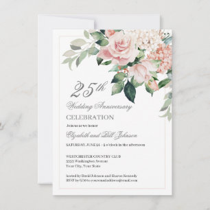 Invitation Fleurs roses à l'aquarelle 25e anniversaire de mar