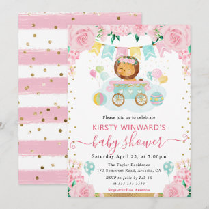 Invitation Fleurs roses à l'aquarelle Baby Shower Lionceau